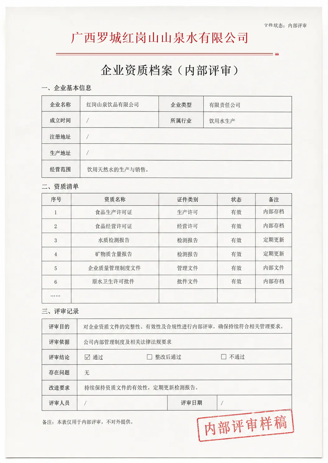 广西罗城红岗山山泉水有限公司企业资质档案展示样张