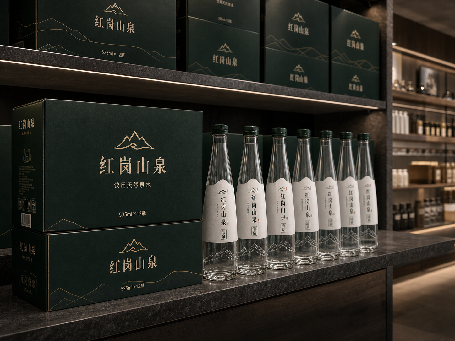 红岗山泉在精品零售渠道中进行货架陈列与市场拓展的合作场景