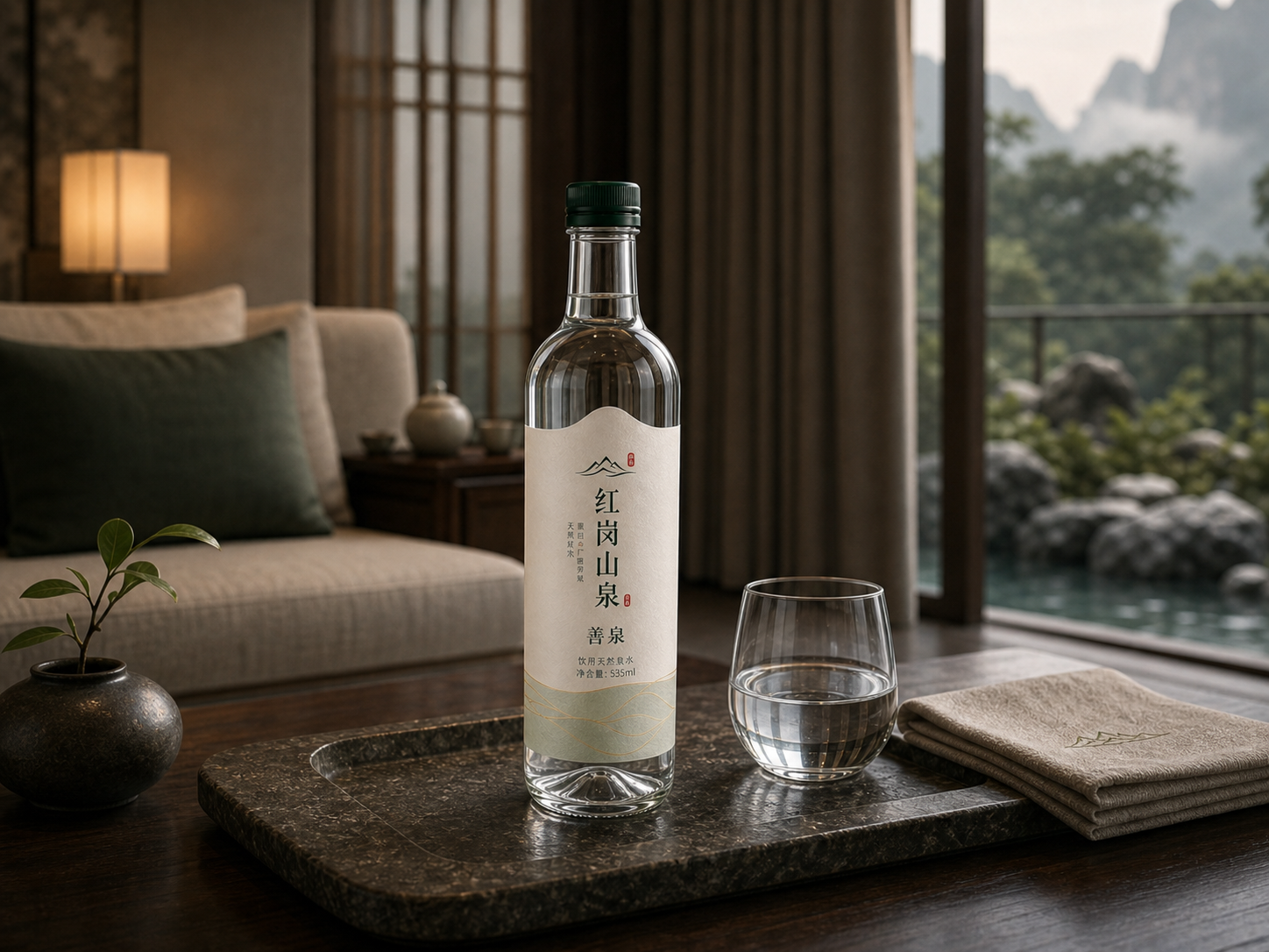 红岗山泉善泉置于酒店会所休息区服务托盘上的空间配套场景